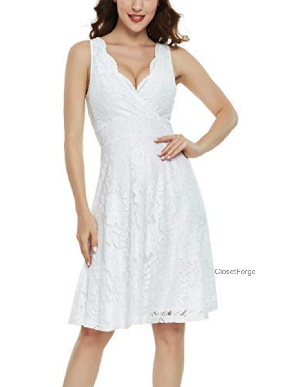Fit & Flare V-Neck Lace Dress Sleeveless Wedding Guest Cocktail Midi